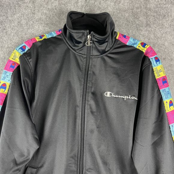Champion Tricot Track Jacket Mens Medium Black Full Zip Colorful Logo Sporty - Picture 3 of 16